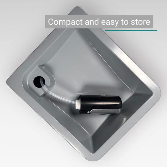 Anthracite-coloured mobile washbasin with integrated black tap, compact camping sink.