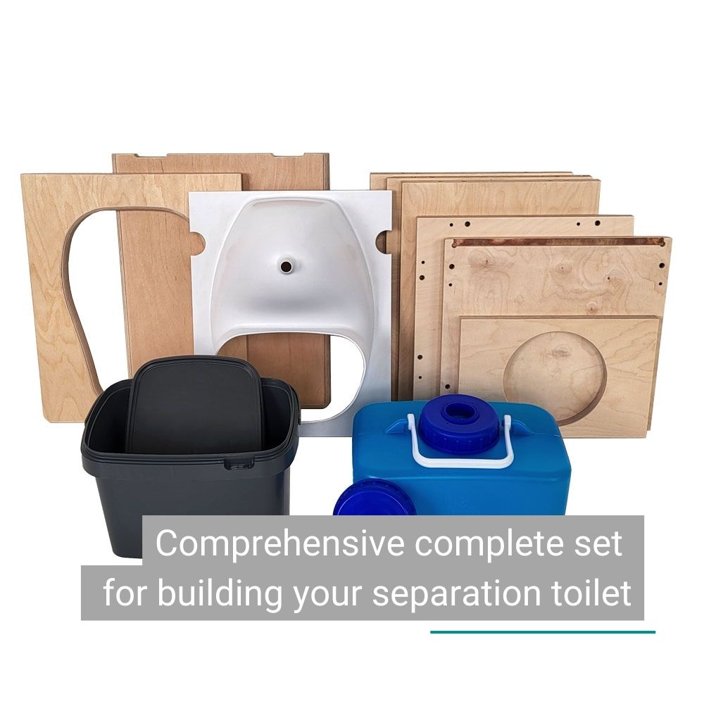 DIY-Wooden composting toilet set with blue and black plastic parts for separation system.