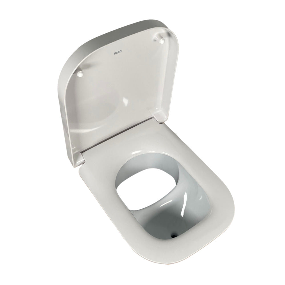 Weißer Urinseperator mit integriertem Toilettensitz und offenem Deckel, glatte Oberfläche.