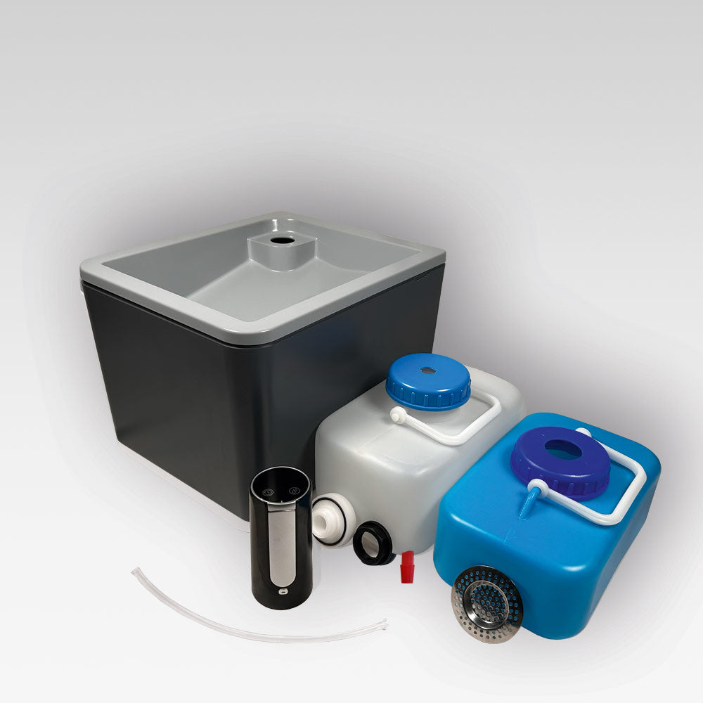 Mobiles Waschbecken Anthrazit mit blauen und weißen Wasserbehältern, Camping Spüle, Outdoor Waschbecken.