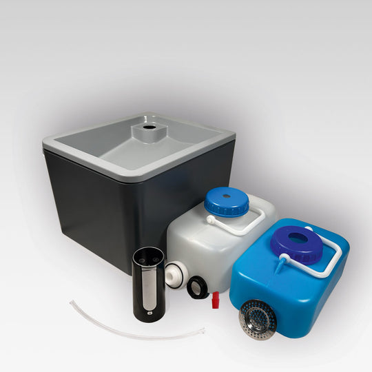 Mobiles Waschbecken Anthrazit mit blauen und weißen Wasserbehältern, Camping Spüle, Outdoor Waschbecken.