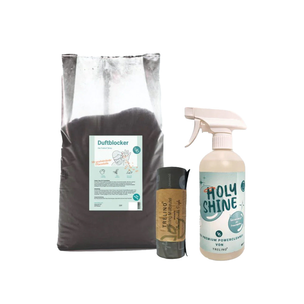 Premium-Zubehörset für Trenntoiletten mit biologischem Streu, Reinigungsspray und recycling Beutel. 