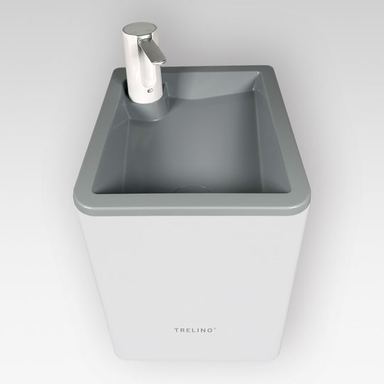 Mobiles Waschbecken/ Camping Waschbecken in Weiß mit grauer Spüle und Touch-Wasserspender.