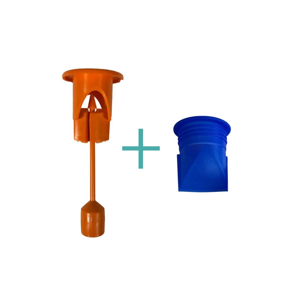 Oranger Urinometer mit Schwimmerstange und blauer Membran als Füllstandsanzeige für Trelino-Trenntoiletten.