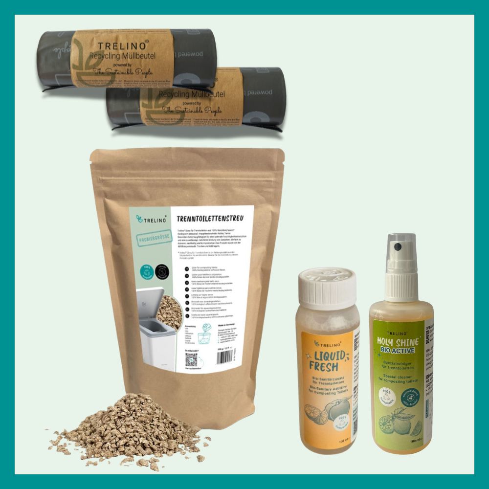Set mit zwei Müllbeuteln, Streu und Urinzusatz und Reinigungsspray in Probiergröße