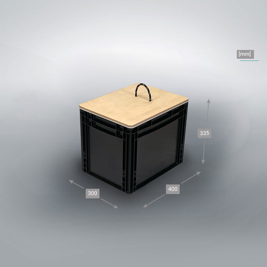 Eurobox Trenntoilette aus Kunststoff mit hellem Holzdeckel und Tragegriff.