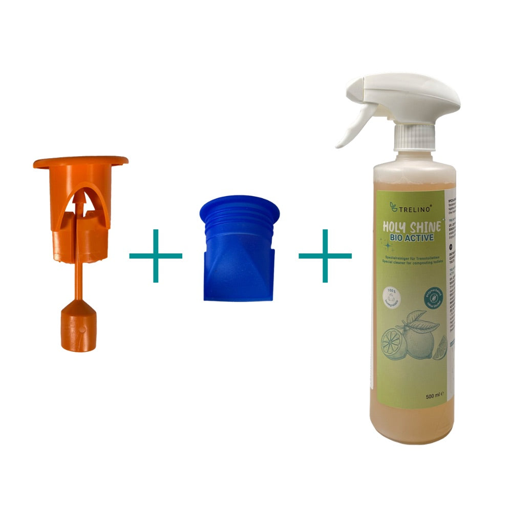 Upgrade Kit mit orangefarbener Füllstandanzeige, blauer Membran und Flasche biologisches Reinigungsmittel.
