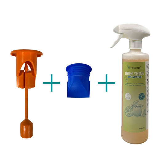 Upgrade Kit mit orangefarbener Füllstandanzeige, blauer Membran und Flasche biologisches Reinigungsmittel.