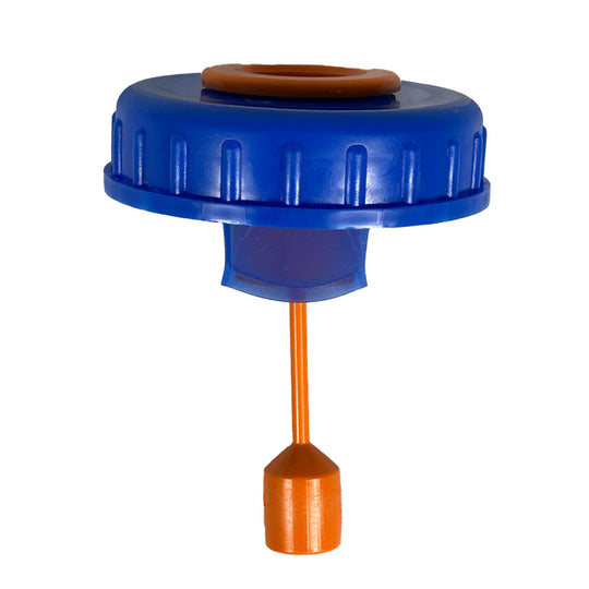 Blauer Kunststoffdeckel mit orangefarbenem Schwimmer und Füllstandssensor für Urintank.