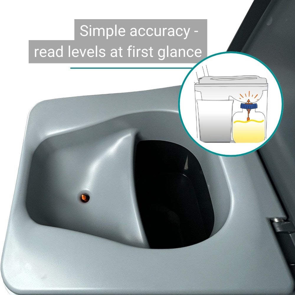 Orangefarbiger Füllstandanzeiger  und Illustration zur Funktionsweise für Urinkanister.