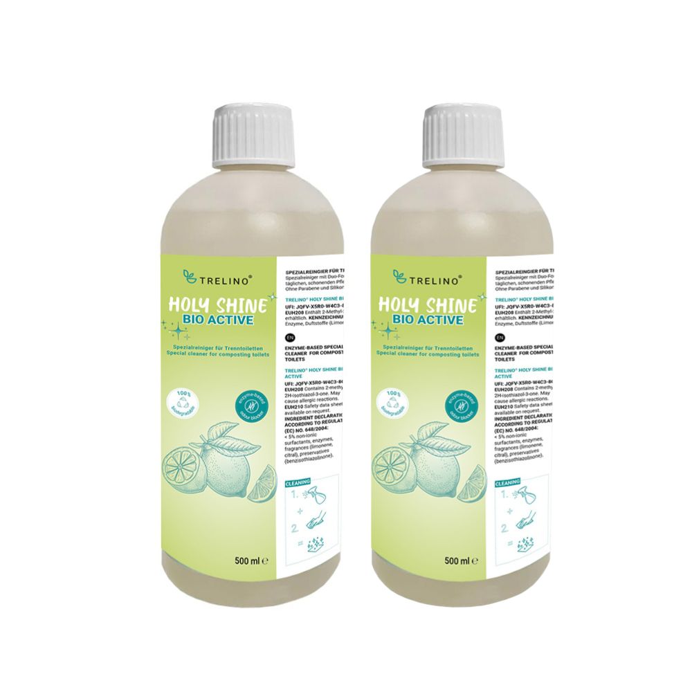 Zwei Flaschen Trelino® Holy Shine Bio Active Reiniger mit Zitronenmotiv auf grünem Etikett.