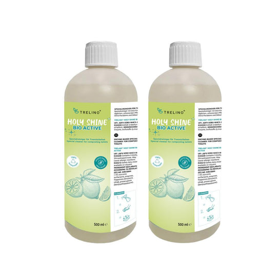 Zwei Flaschen Trelino® Holy Shine Bio Active Reiniger mit Zitronenmotiv auf grünem Etikett.