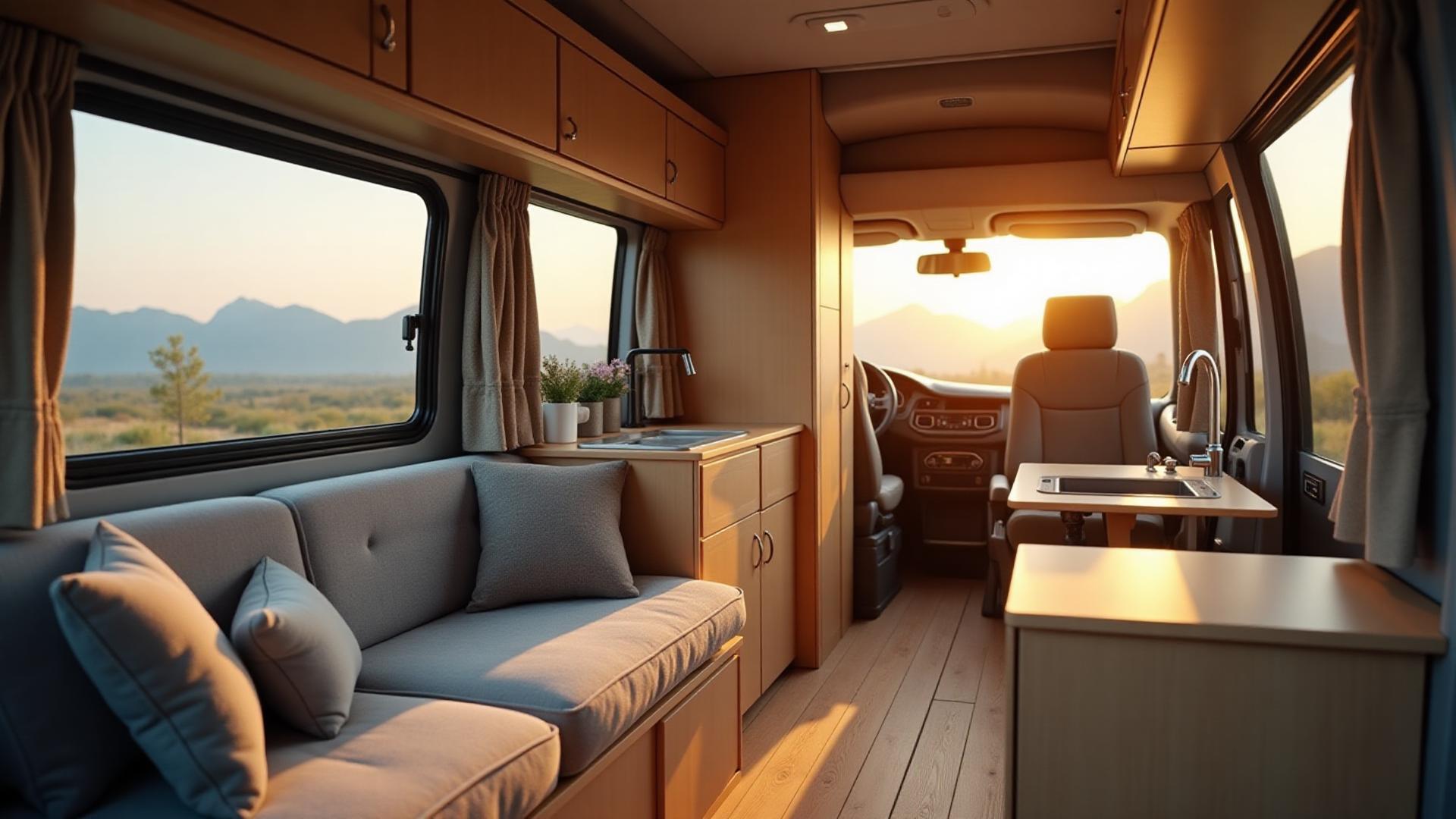 Kastenwagen von innen mit Sofaecke und großzügigem Blick nach außen.