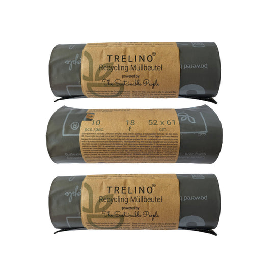 Drei gerollte schwarze Trelino Recycling-Müllbeutel mit braunem Papieretikett, 52x60 cm, 18 Stück pro Rolle.