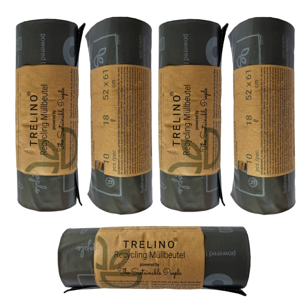 Fünf schwarze Trelino® Recyclingbeutel für Trenntoiletten.