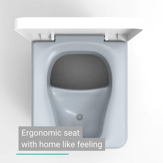 Compact, white composting toilet model with ergonomic seat and plastic lid.