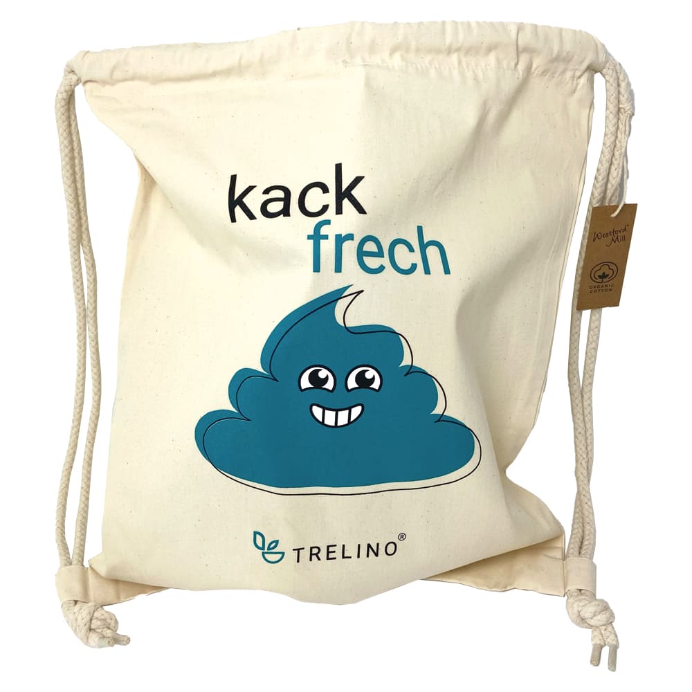 Naturfarbener Jutebeutel mit lustigem blauen Cartoon-Kot-Motiv und Aufschrift "kack frech".