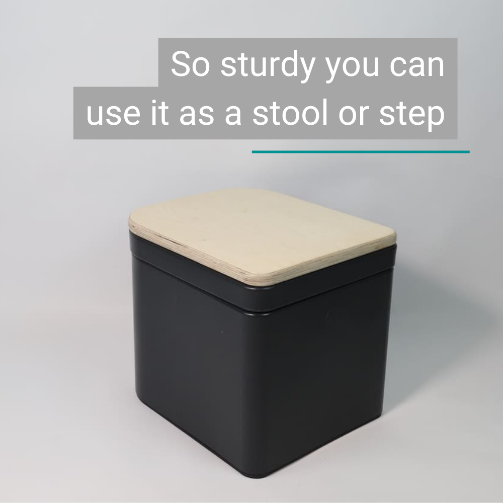 Compact anthracite Trelino® Origin M composting toilet with light wood lid, robust and multifunctional, can be used as a stool.