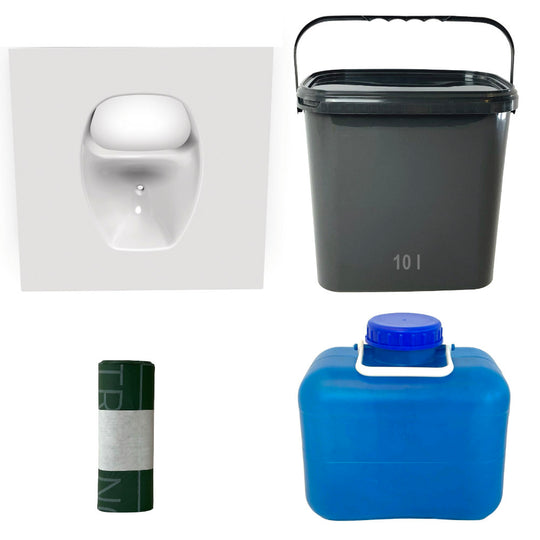 Weißer ovaler Trenneinsatz mit schwarzem Eimer, blauem Urinkanister und grünen kompostierbaren Beutel.