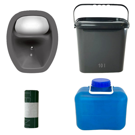 Anthrazitgrauer ovaler Trenneinsatz, grauer Eimer mit Deckel, kompostierbare Beutel, blauer Urinkanister.