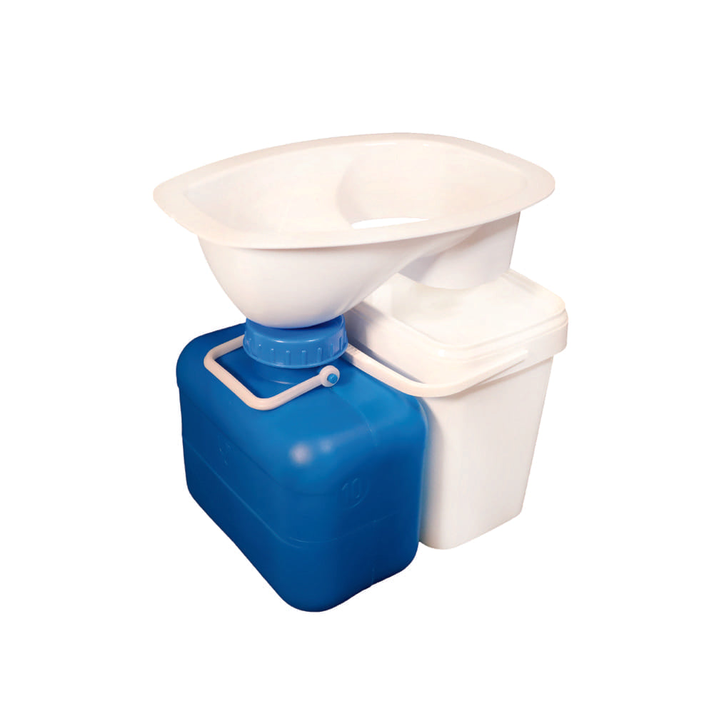 Weißes DIY Selbstbauset mit ovalem Trenneinsatz und 10L blauem Urinkansiter, 10L Feststoffeimer.