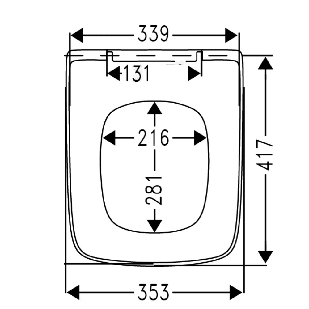 Technische Zeichnung eines WC-Sitzes mit Maßen in Millimetern, 417x353 mm, ovaler Ausschnitt 216x281 mm.