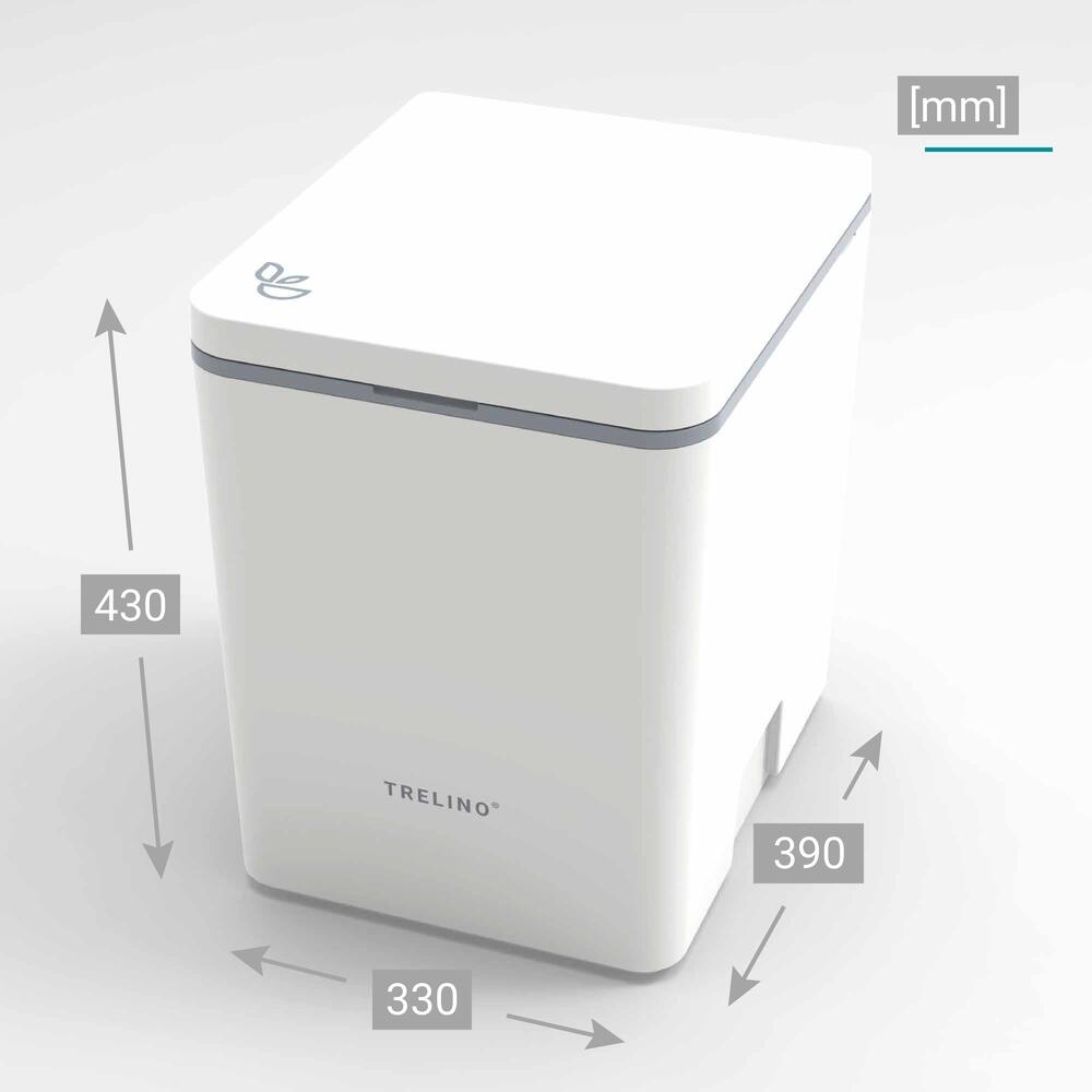 Komposttoilette Trelino Evo L in Weiß mit abgerundeter Form und glatter Oberfläche + Maße.