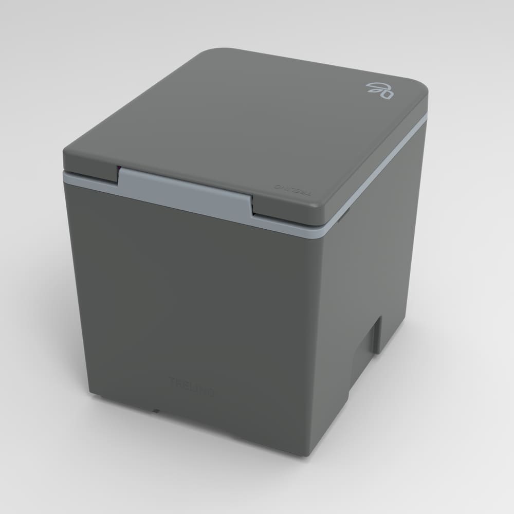 Anthrazitfarbene Komposttoilette Trelino Evo M mit geschlossenem Deckel und kompakter Form von hinten.