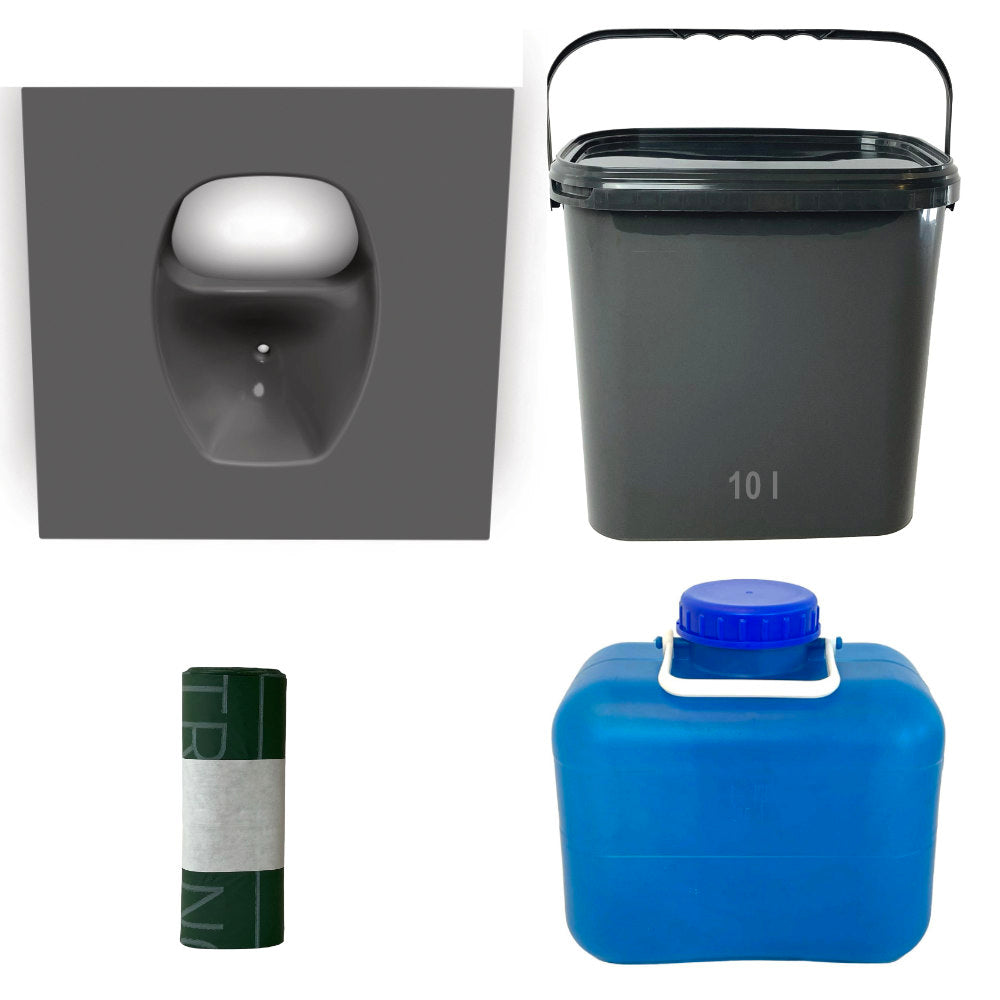10L anthrazitgrauer Eimer und Trenneinsatz, kompostierbare Beutel, 10L Urinakanister.