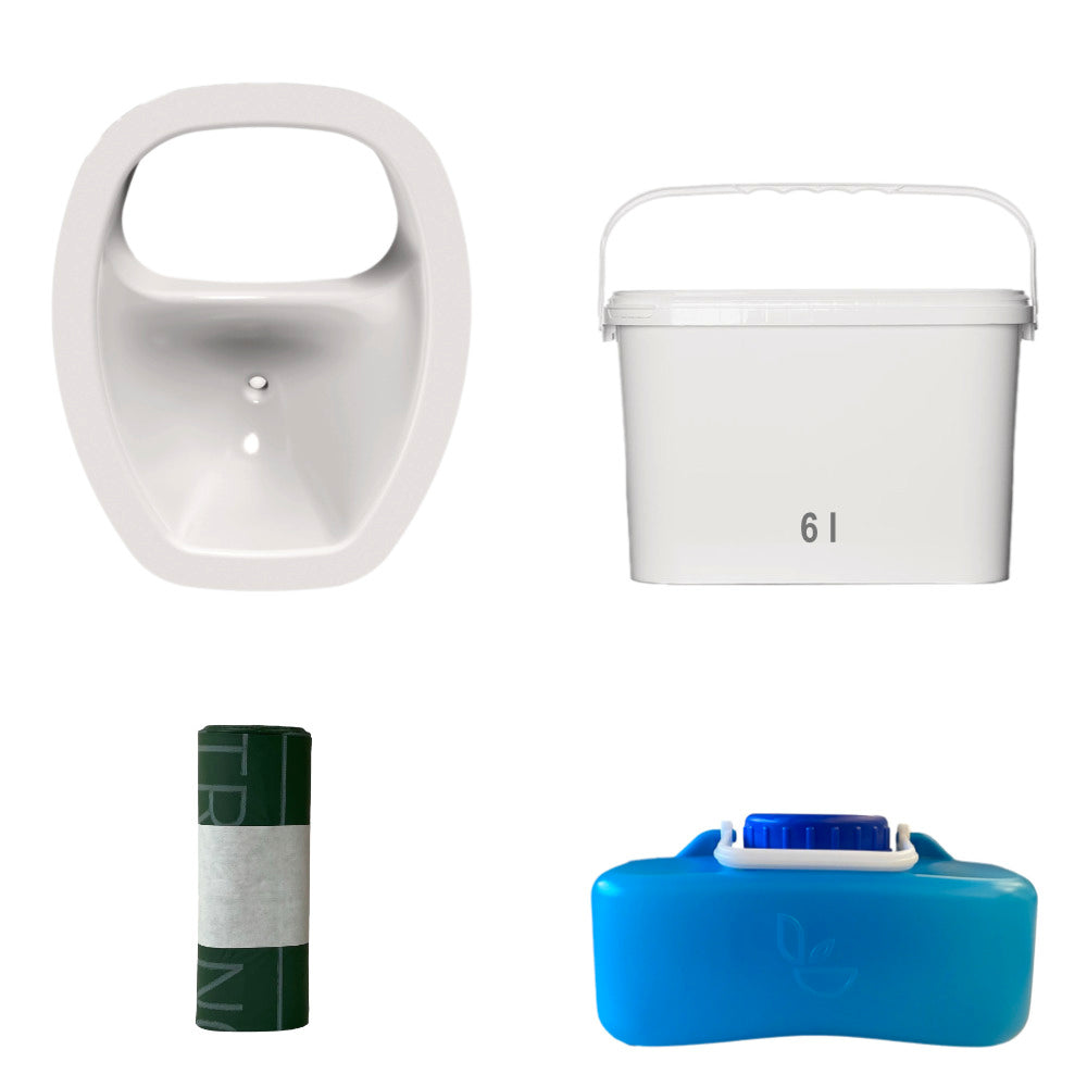 DIY Trenntoilettenset, Weißer ovaler Trenneinsatz mit Feststoffeimer und kompostierbaren Beutel.
