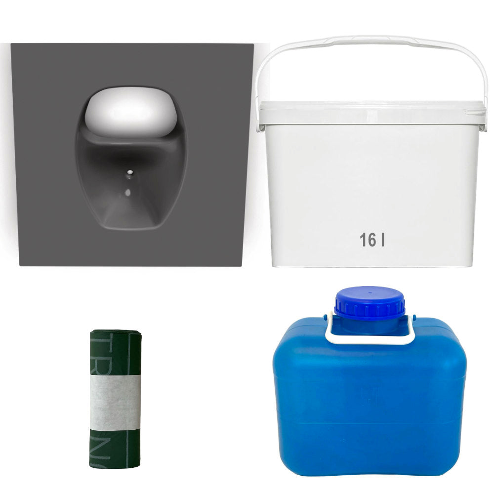 Anthrazitfarbener XL Trenneinsatz, 16-Liter Feststoffbehälter, kompostierbare Beutel und Urinkanister.