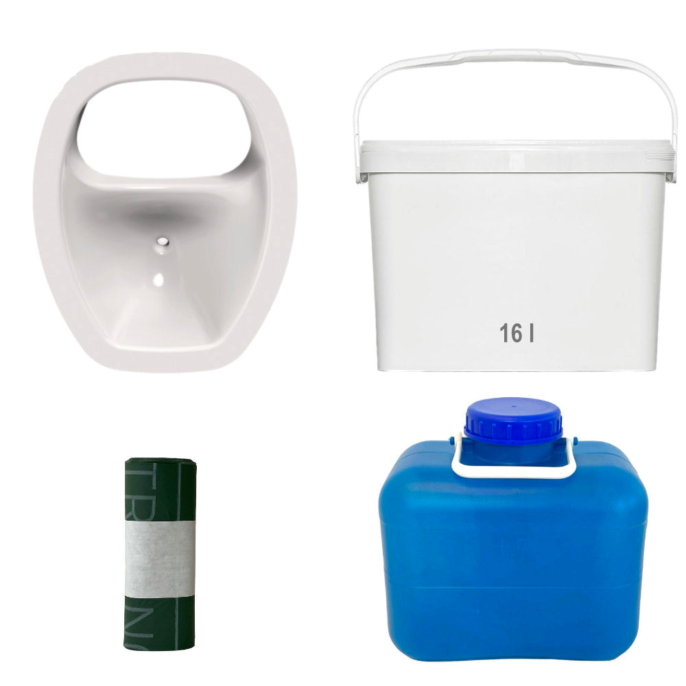 Weißer ovaler Toiletteneinsatz, weißer 16-Feststoffbehälter, kompostierbare Beutel und Urinkanister.