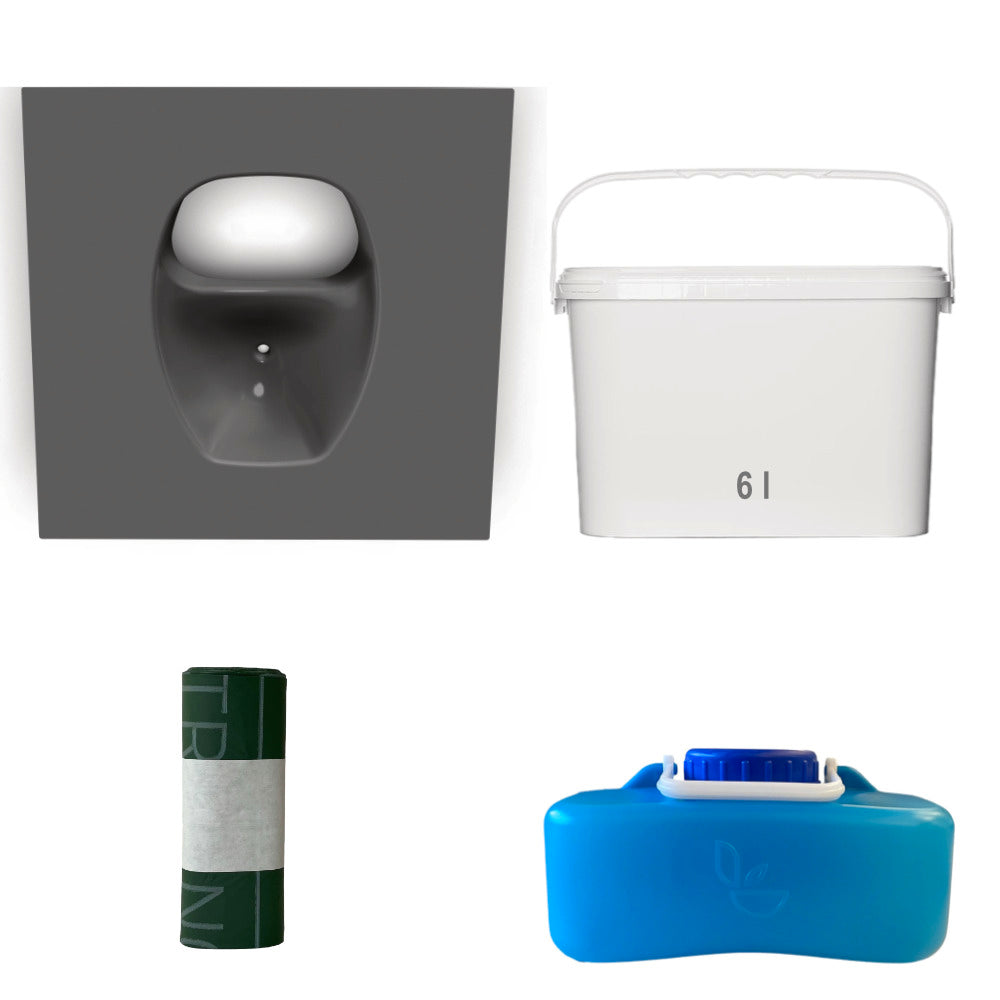 DIY Trenntoilettenset, anthrazitfarbener XL Trenneinsatz mit Feststoffeimer, Urinkanister und kompostierbaren Beutel.