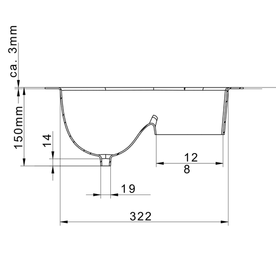 Anthrazitfarbener Urinseparator aus Kunststoff mit großem Stecker, technische Zeichnung mit Maßen.